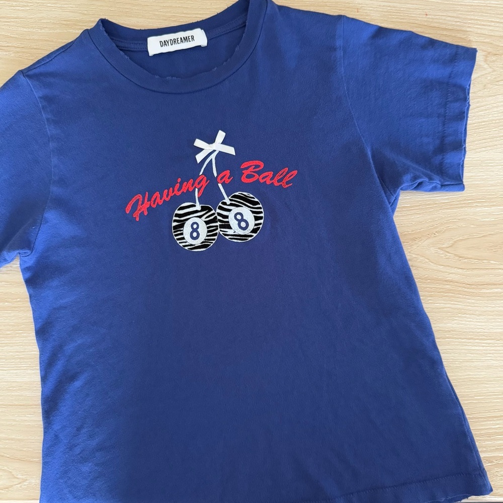 Daydreamer XS Having a Ball Vintage Tee Cherry Detail Royal Blue Distressed